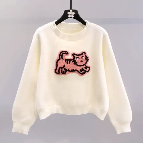 刺绣卡通小猫毛衣女秋冬2023新款日系宽松学院风洋气短款针织上衣图片