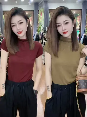 港风半高领短袖T恤女装内搭打底衫2023新款夏季修身显瘦纯色上衣商品大图