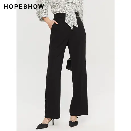 红袖outlets黑色休闲西裤hopeshow2023夏季新款女高腰修身阔腿裤商品大图