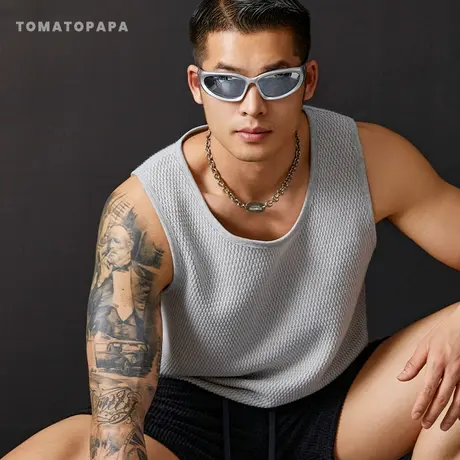 TOMATOPAPA背心男士2025年夏美式圆领无袖体恤休闲坎肩网状透气衣图片