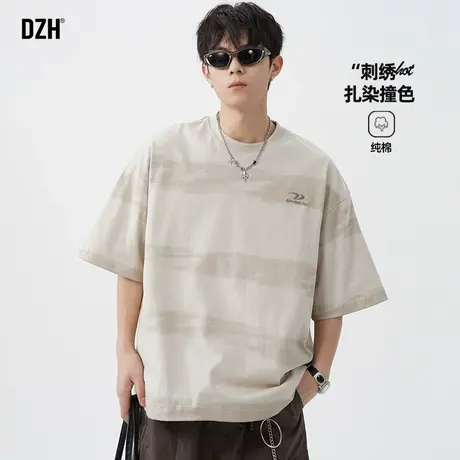 男士刺绣撞色t恤男2025新款沾染衣服纯棉宽松上衣卡其色短袖男款商品大图