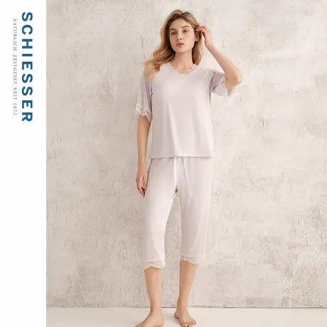 SCHIESSER舒雅25春夏新品女士莫代尔带胸垫V领蕾丝睡衣家居服套装商品大图