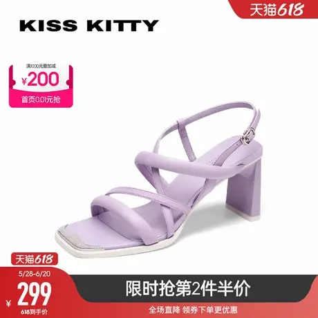 KISSKITTY春夏新款一字带高跟鞋斩男方头法式气质粗跟女时装凉鞋商品大图