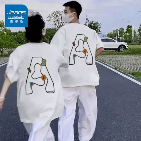 KP真维斯女装2025新款T恤纯棉圆领字母印花潮流休闲短袖情侣装商品大图