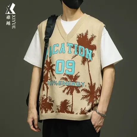 希越美式休闲椰树背心毛衣男500g重磅V领宽松大码外穿秋季针织衫商品大图