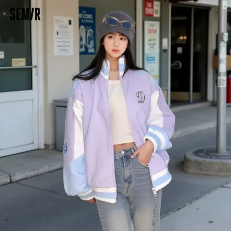 [大森]森马外套女华夫格2024秋季新款女装休闲运动宽松拼色夹克潮图片