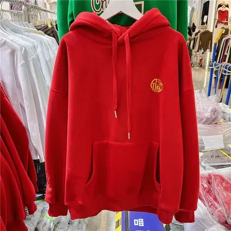 2022冬新款韩版宽松百搭红色刺绣兔字母加绒加厚连帽套头长袖卫衣商品大图