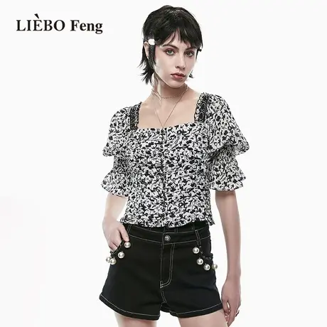裂帛LIEBOFeng设计师品牌2023年商场同款方领Y2K印花中袖雪纺衫女图片
