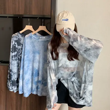T恤设计感夏季女装2023新款潮网纱防晒衫宽松百搭扎染长袖上衣女商品大图