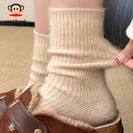 大嘴猴羊毛袜子女秋冬季中筒袜加厚保暖羊绒长袜冬天勃肯鞋堆堆袜商品大图