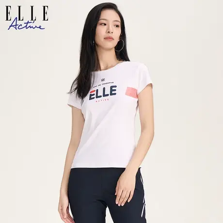 【花花推荐】ELLE Active泽西风运动t恤透气纯棉字母印花白色上衣商品大图