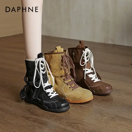 达芙妮美拉德棕色靴子女秋冬季加绒复古拳击靴2026新款马丁靴短靴商品大图