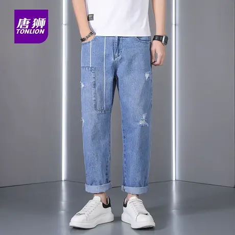 唐狮浅蓝色牛仔裤男士秋季薄款拼接做旧破洞小脚直筒休闲长裤子AP商品大图