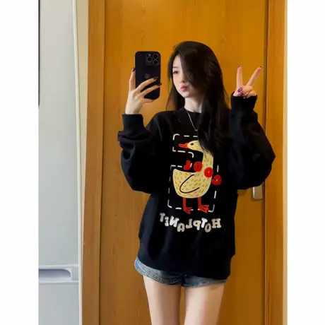 韩版时尚趣味卡通鸭子印花长袖t恤女2025秋季新款小众设计感上衣商品大图