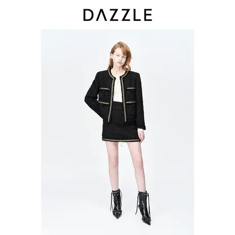 【肌理美学】DAZZLE地素奥莱春装新款黑色粗花呢短款小香风外套图片