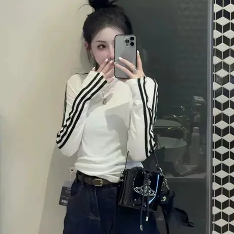 辣妹chic白色条纹长袖T恤女2025早秋修身插肩内搭打底衫上衣秋冬商品大图