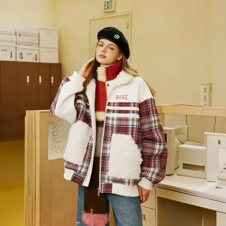 美式复古羊羔毛拼接棉服女2023新款冬季加厚外套格子潮牌宽松棉衣商品大图