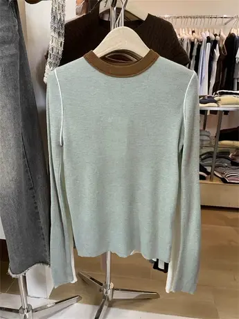 十三行女装秋冬新款韩版休闲显瘦气质百搭撞色圆领长袖针织上衣服商品大图