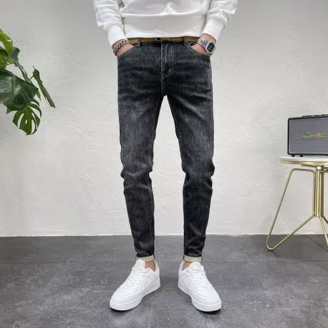 秋装新品男士休闲潮流牛仔长裤黑色修身小脚男款刺绣设计牛仔裤子商品大图