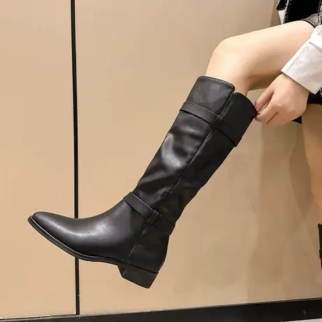 炸街ins不过膝靴子女2023新款复古高级粗跟长筒靴尖头西部牛仔靴商品大图