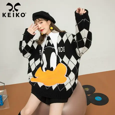 卡通贴布绣花宽松大毛衣女秋冬新款复古菱格日系慵懒针织外套黑色商品大图