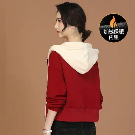 新品8.5折】连帽撞色加绒开衫卫衣女刺绣棒球服短外套厚图片