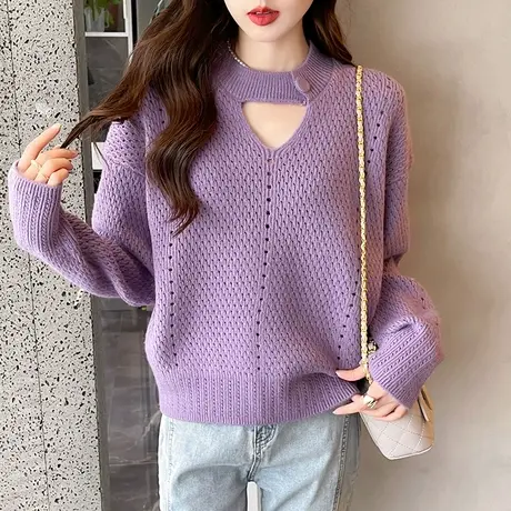 时尚镂空别致设计感套头毛衣女装2023秋冬新款针织衫外穿洋气上衣图片