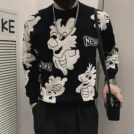 毛衣男秋冬季2023新款趣味卡通提花设计感轻熟青年内搭针织衫线衣图片