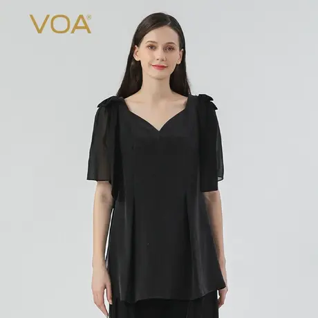 VOA炭黑做旧重磅真丝拼接乔其丝绸蝴蝶结短袖V领宽松桑蚕丝T恤衫图片