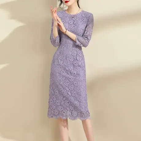 水墨青华中腰显瘦蕾丝连衣裙新款春季名媛气质香芋紫色打底裙图片