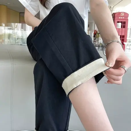 九分黑色速干休闲裤哈伦裤女夏季薄款高腰冰丝卷边撞色阔腿老爹裤图片