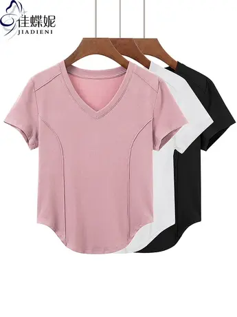 夏季新款韩版V领下摆圆弧纯欲修身纯棉纯色短袖上衣内搭女装T恤商品大图