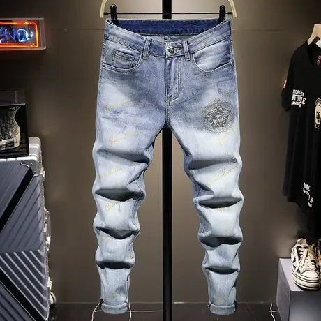 高端欧品男装夏季薄款潮牌浅色破洞牛仔裤男刺绣修身潮流男士裤子商品大图