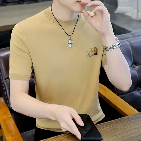 欧货潮牌冰丝短袖男款t恤夏季纯色百搭烫钻薄款透气冰麻凉感体恤商品大图