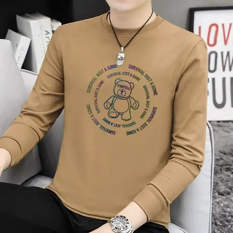 240G重磅纯棉t恤男长袖潮牌小熊印花内搭打底衫宽松全棉秋衣小衫商品大图