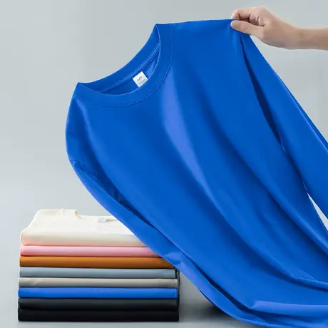 重磅纯棉长袖t恤男装圆领上衣服宽松打底衫纯色内搭秋衣全棉体恤商品大图