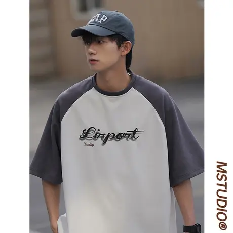 冰丝潮流撞色拼接圆领短袖T恤男夏季情侣体恤美式字母印花打底衫商品大图