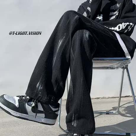 港风日系复古牛仔裤男春秋季宽松直筒坠感阔腿裤潮牌泼墨休闲长裤商品大图