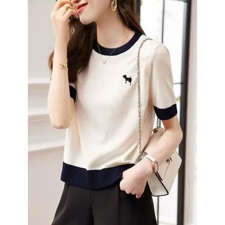 时尚气质圆领针织短袖2023年夏季新款女士简约宽松显瘦通勤上衣商品大图