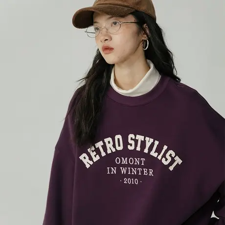 omont蛋挞家 字母圆领加绒卫衣女秋冬2023新款宽松套头卫衣上衣商品大图