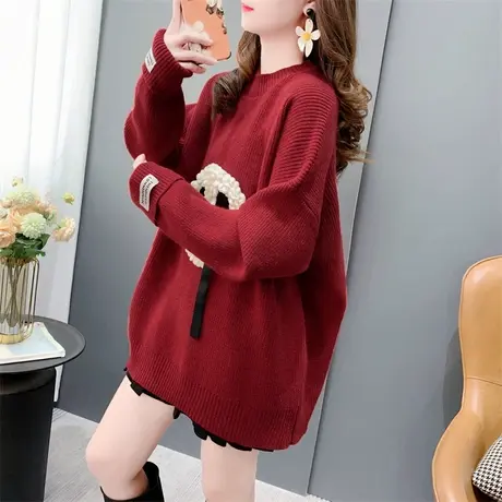 设计感圆领毛衣女加厚2023年秋冬新款韩版宽松慵懒温柔风针织上衣商品大图