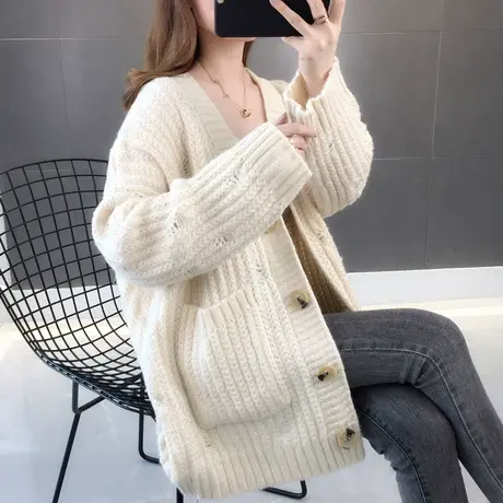 很仙的宽松针织开衫女春秋季新款慵懒风毛衣外套洋气毛线外搭图片