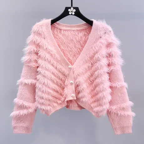 日系温柔风钉珠水貂绒毛衣外套女秋冬2023新款宽松减龄针织开衫商品大图