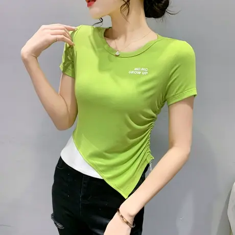 不规则假两件短袖T恤女欧货紧身高腰短款小衫设计感抽绳上衣夏装商品大图