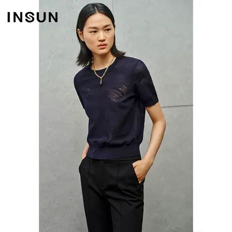 INSUN恩裳线上专选夏季圆领欧根纱醋酸棉针织衫商品大图