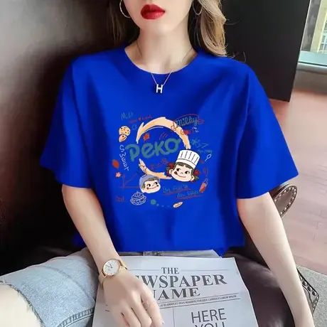 克莱因蓝短袖T恤女夏季2024年新款纯棉体恤韩版宽松印花上衣ins潮商品大图