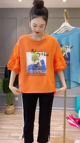 2023夏新韩版气质圆领美女印花打底上衣T恤衫宽松网红洋气小衫t恤图片