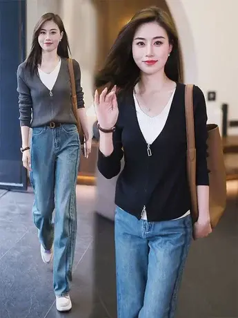 胖MM假两件针织开衫女2023年早春装新款毛衣女装设计感内搭打底衫图片