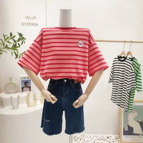 2022夏季新款韩国东大门chic小众简约条纹宽松T恤上衣大码休闲潮商品大图