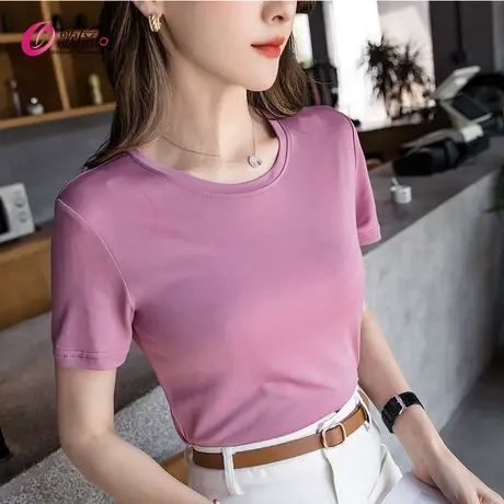 纯色冰丝短袖t恤女2022夏季新款修身丝光棉打底体恤百搭薄款上衣图片